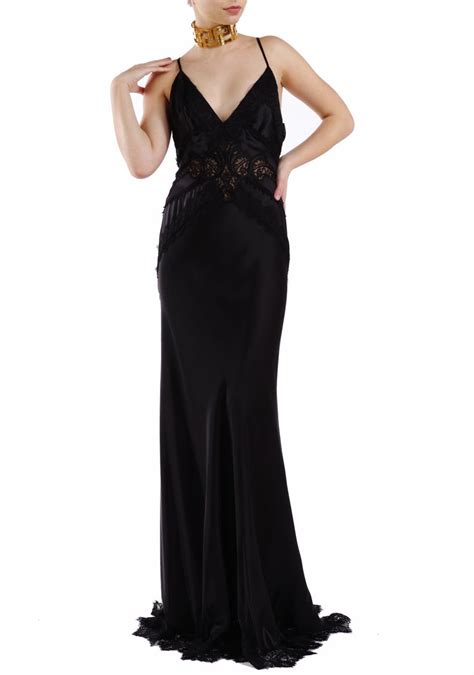 Silk and lace long dress in black 